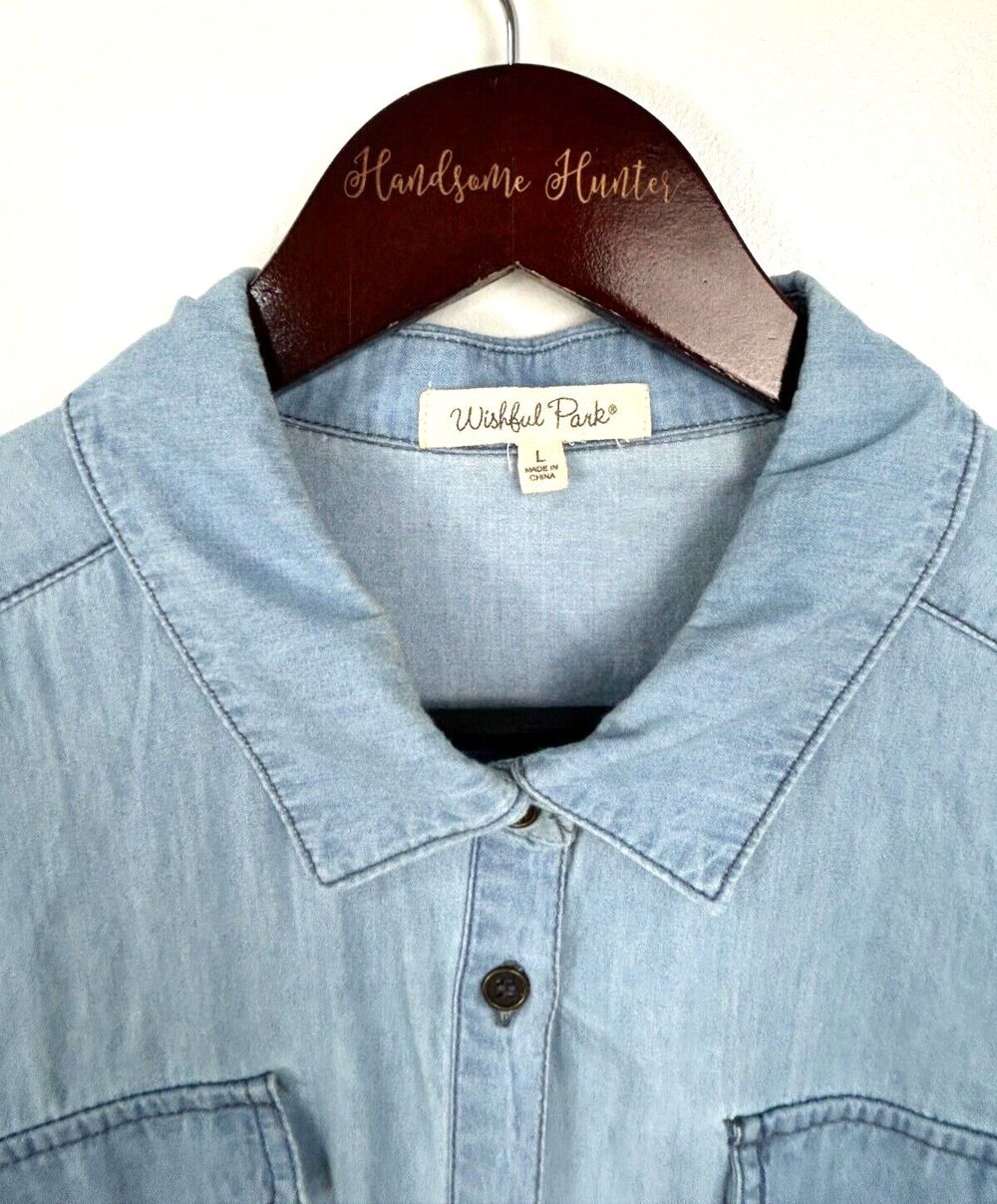 Wishful Park Size L Blue Chambray Button Up Blouse Lace Roll Tab Sleeve Top U3 - Picture 11 of 13